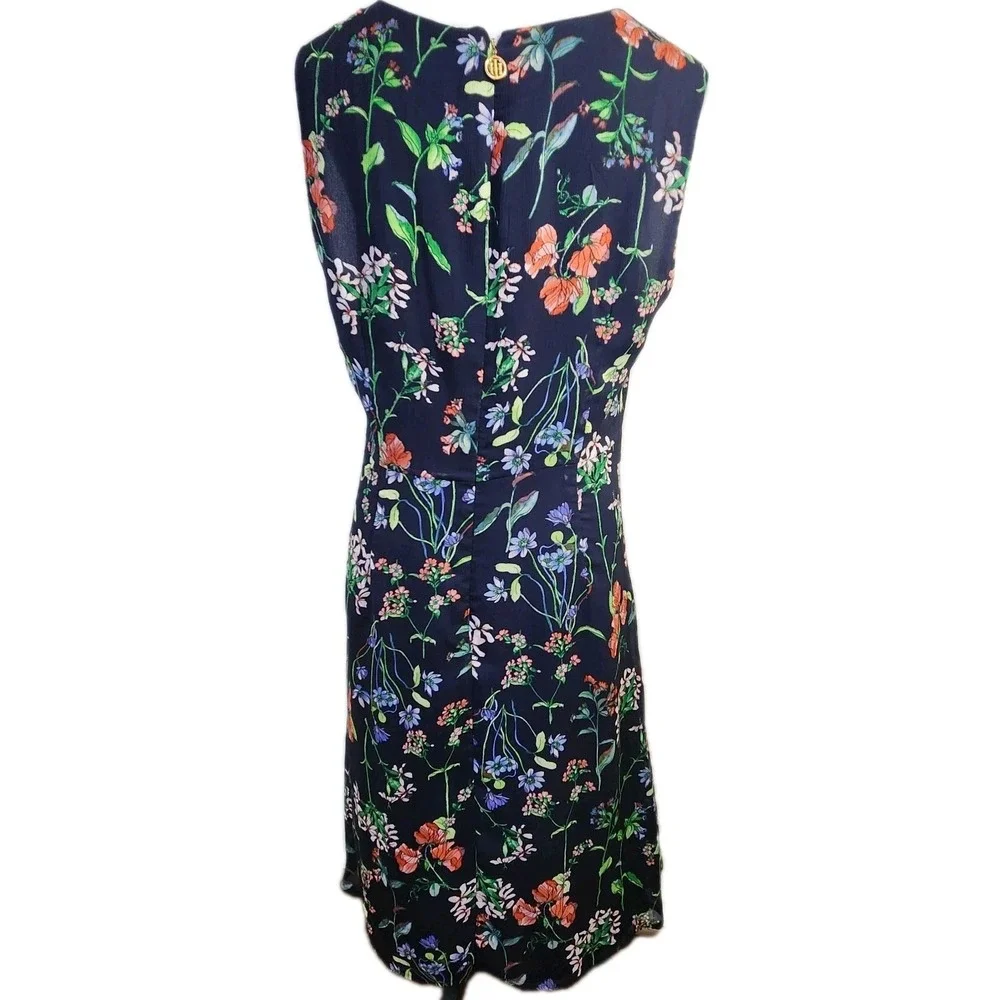 Tommy Hilfiger Women's Trapeze Dress Sz‎ 14 Navy Blue Floral Sleeveless Chiffon